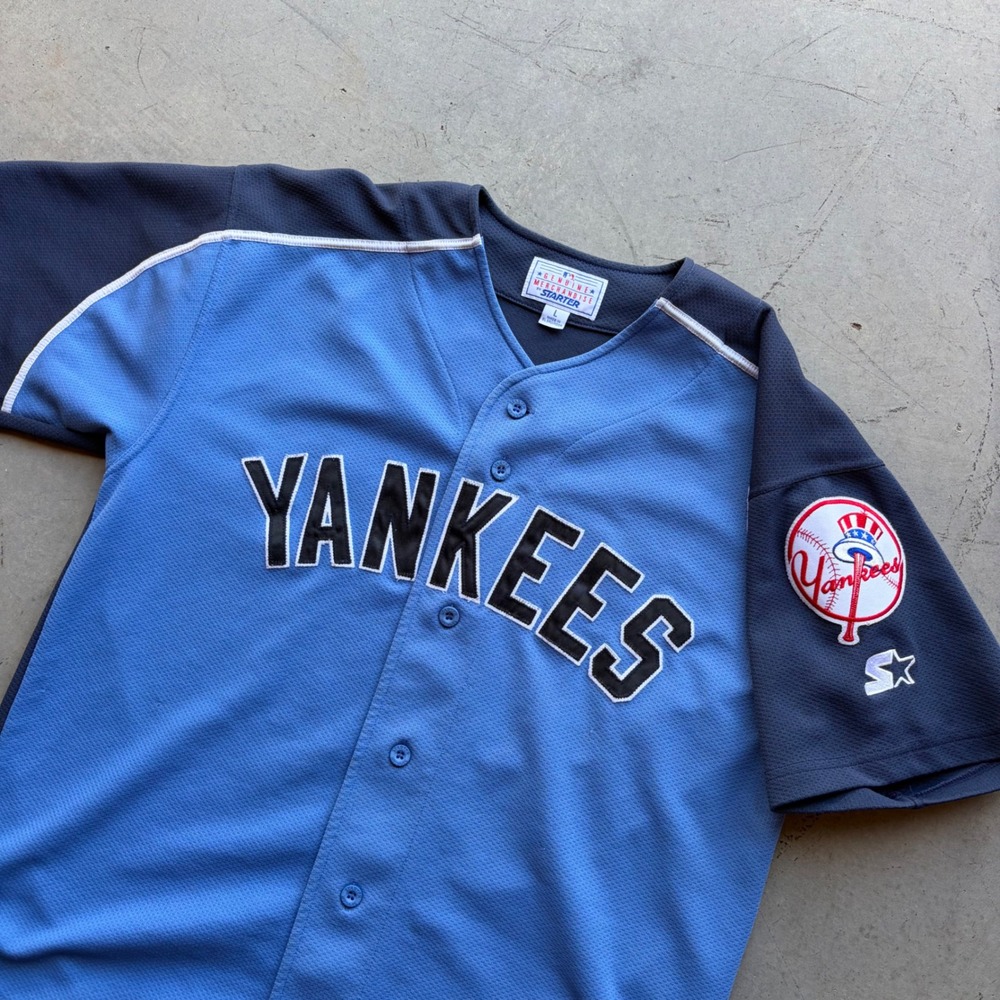 Vintage Starter New York Yankees Baseball Jersey Mens Large Blue Mesh Button Up